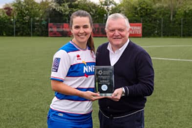 Player Jo Blodgett thrilled with the Community Champion award, presented by QPR in the Community Trust CEO Andy Evans