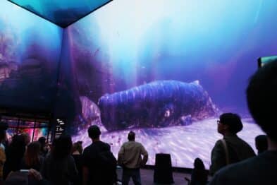 An image from people viewing the immersive 'Whale Fall' experience at the Outernet.