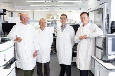 Senior team from Myricx Bio pic turned in white lab coats.